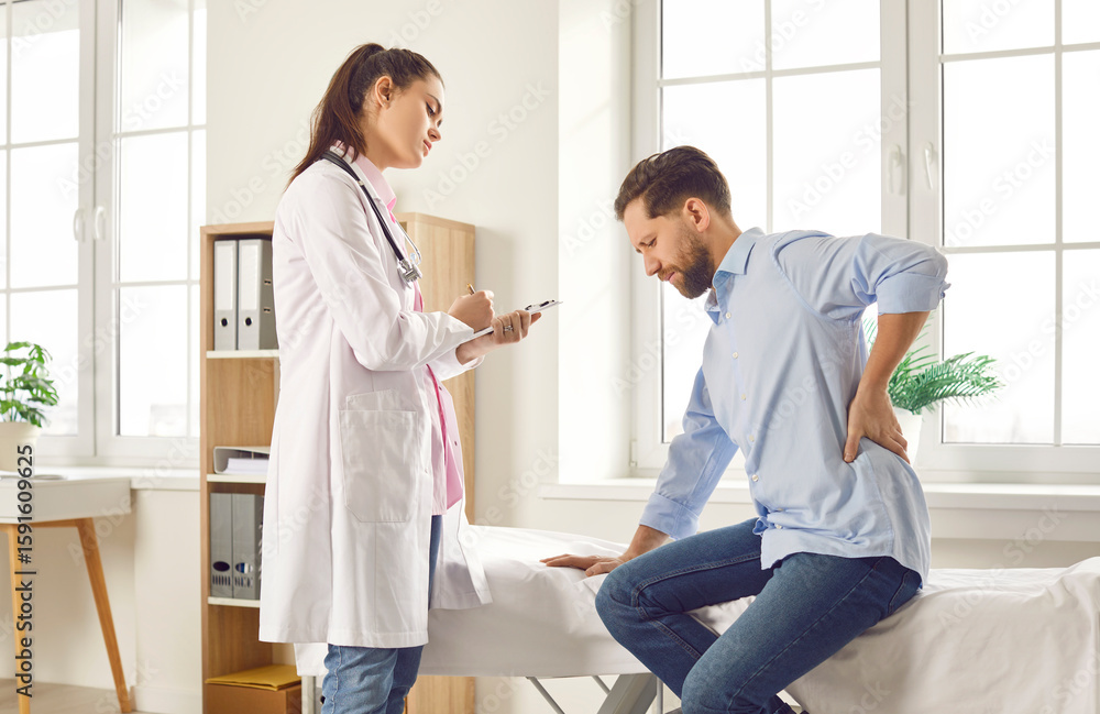 Fototapeta premium Doctor or nurse is conducting checkup of a unwell patient with back ache during a consultation in the hospital. Medical professional is focused on providing medical care and conducting a examination.