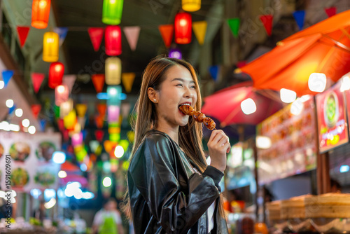 Asian woman enjoying street food at Chiang Mai Walking Street Night Bazaar. Young traveler exploring vibrant night market in Thailand.