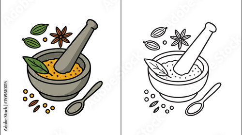 Mortar and Pestle Crushing Spices – Traditional Hand Grinding Vector Illustration

