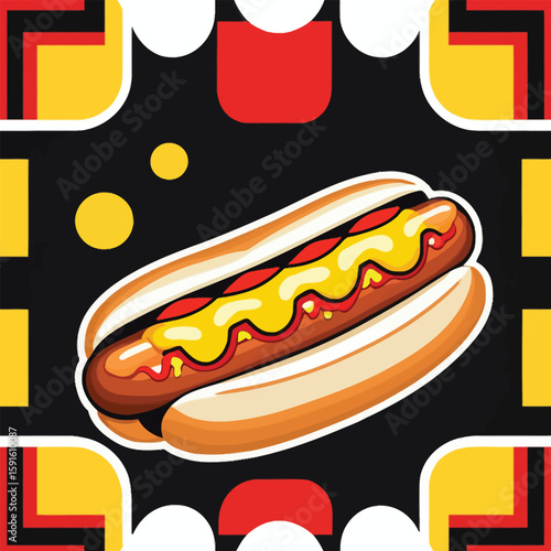 Vibrant and playful cartoon illustration of a hot dog, showcasing dripping mustard and ketchup, set against a geometrically patterned black background with red, yellow, and white accents.