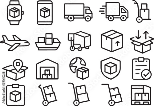Shipping and delivery icons with boxes and vehicles