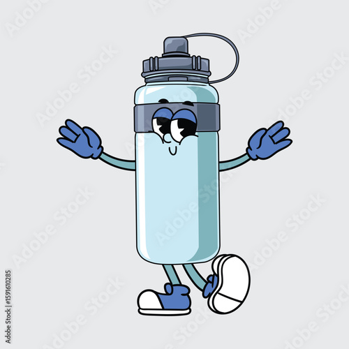 Cute cartoon sport bottle character cheerfully with gloves, sneakers, and a happy face illustration