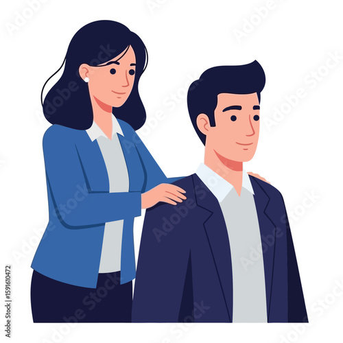 Woman reassuring a man with her hand on his shoulder, business colleagues supporting each other, comforting gesture in a professional setting