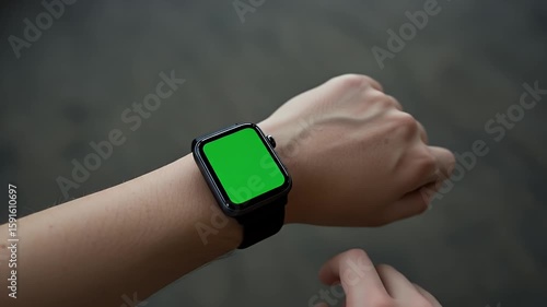 Touching Smartwatch Screen with Green Display Close Up