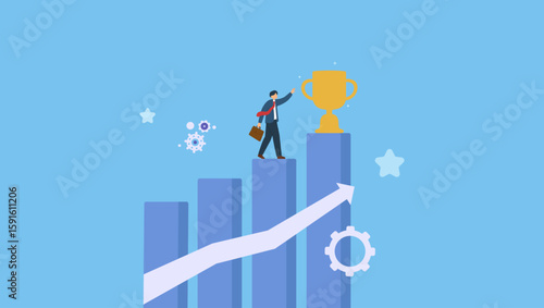 Businessman professional step up growing bar graph to win the trophy. Business winner, achievement or prize, success or victory, challenge or business mission, career goal or stair to success.