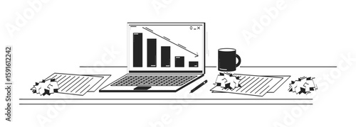 Cluttered desk with declining bar chart on laptop doodle linear object. Paper balls, failed project data 2D vector outline clip art drawing isolated on white. Hand drawn sketch illustration