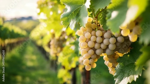 Wallpaper Mural Ripe white grape cluster hanging on vine in vineyard with green leaf under sunlight showcasing fresh fruit in natural outdoor agriculture setting ready for harvest and growth Torontodigital.ca