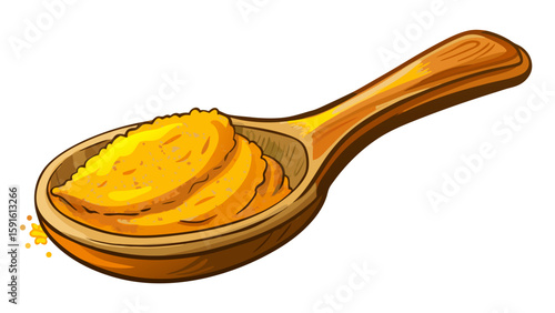 Ground turmeric in a small wooden spoon, vibrant yellow, lies on a white surface. Fine texture and intense color provide the perfect spice concept for food or Ayurvedic vector illustration.