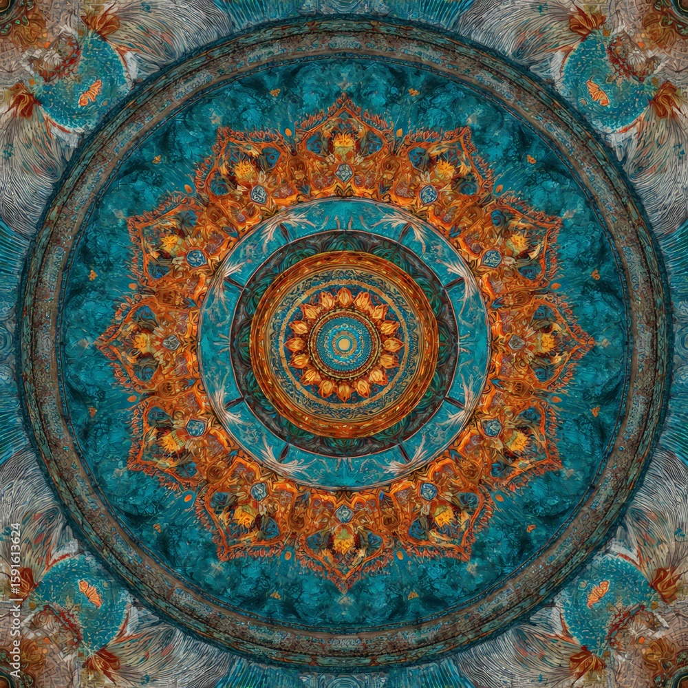 Naklejka premium Intricate Teal And Orange Mandala Pattern