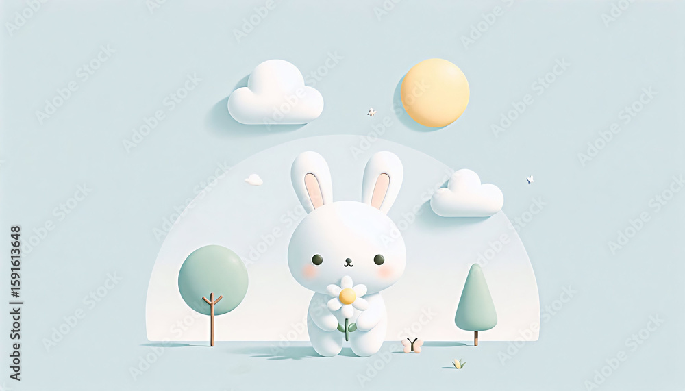 Obraz premium Minimal Pastel Wallpaper with White Bunny and Daisy in Blue Sky