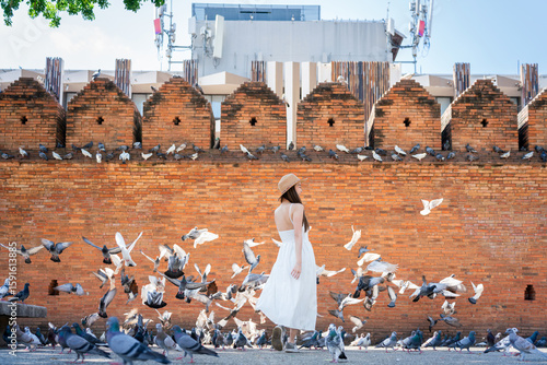 Asian tourist woman enjoying travel moments at Tha Phae Gate, Chiang Mai. Young woman in white dress surrounded by flying pigeons in historical city square.