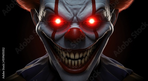 Creepy clown face with red eyes and sharp teeth against dark background