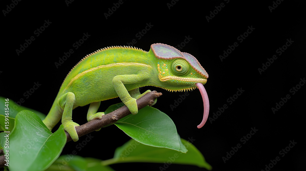 Fototapeta premium Chameleon reptile on a green branch, showcasing nature and wildlife in colorful detail.