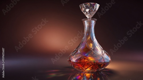 Ornate glass decanter filled with amber liquid, resting on a reflective surface