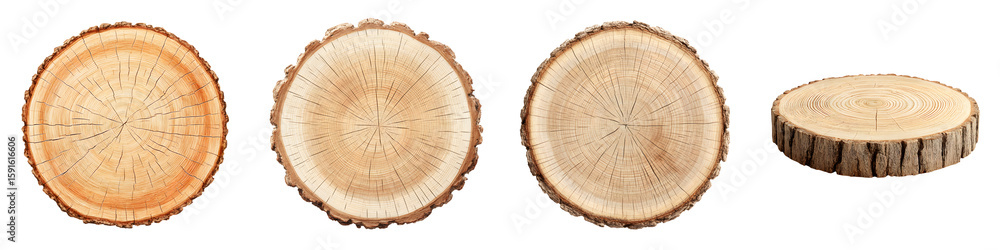 Fototapeta premium Rustic Wood Slices: Set of Round Tree Stumps for Crafts and Decor, Isolated on White