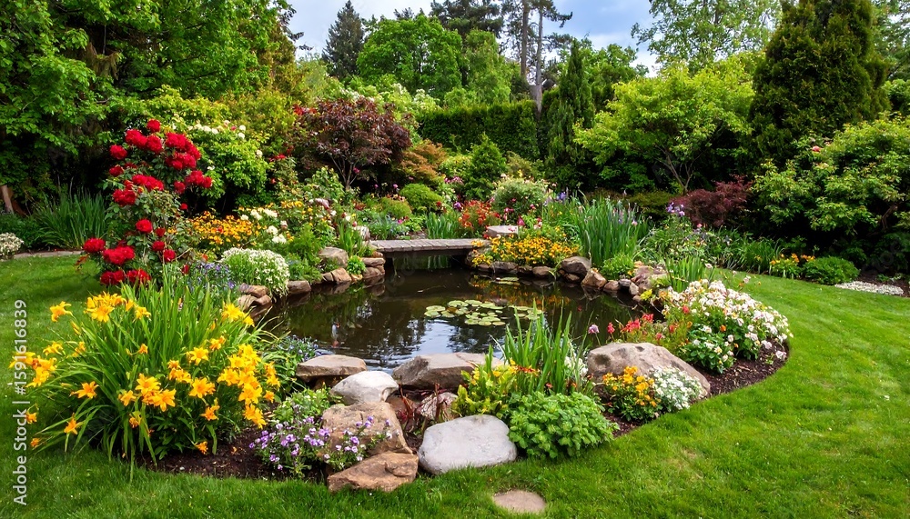 Fototapeta premium Lush garden with pond and bridge