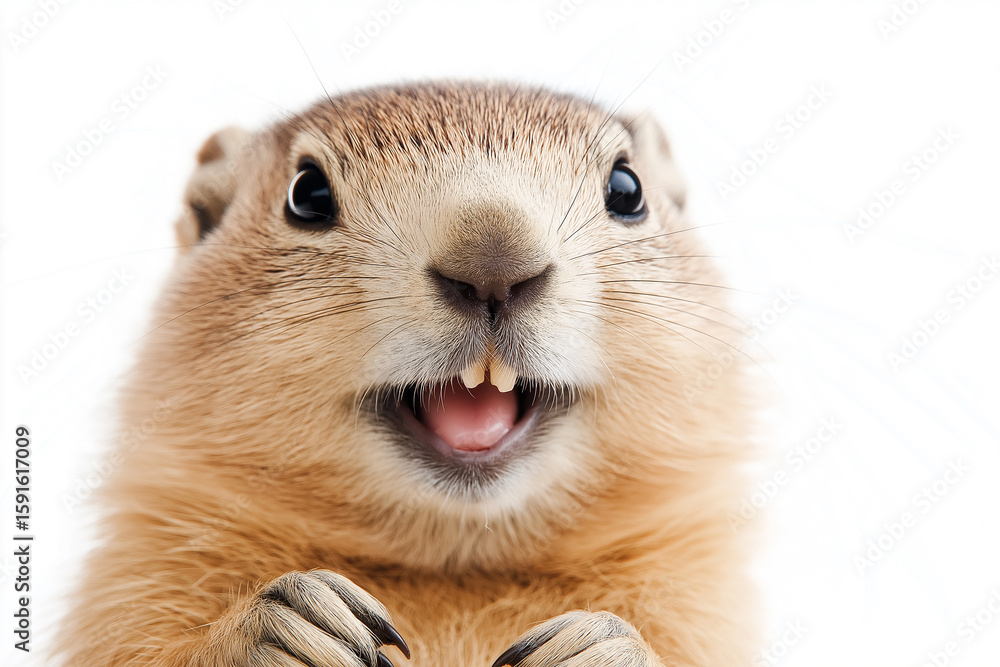 Fototapeta premium Cute prairie animal rodent in nature with fur and teeth closeup, whiskers showing expression