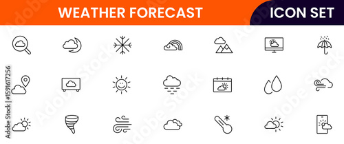 Weather Forecast vector web line icon collection, sleek illustrations of clouds, sun, thermometers, forecasts for clear, dynamic designs.
