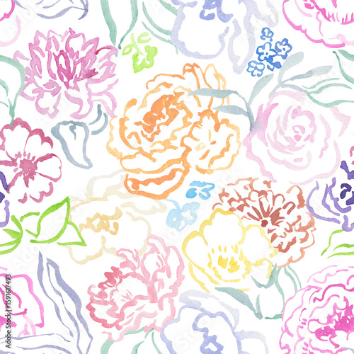 Seamless floral watercolor pattern hand drawn with lines. Seamless print with flowers in doodle style. Minimalistic, modern flowers.