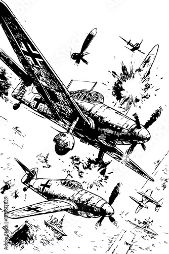 "WWII Luftwaffe Fighter Aircraft Dropping Bombs – Black and White War Illustration"
