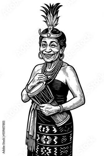 Timor, Black and White Tribal Elder Woman with Drum – Traditional Ethnic Line Art Illustration