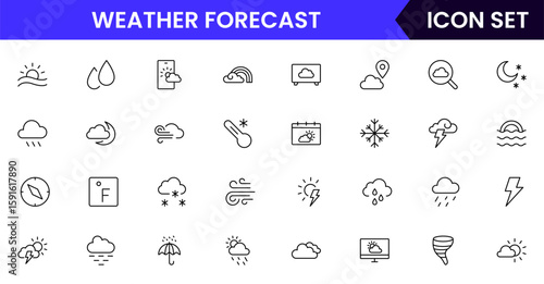 Weather Forecast vector web line icon collection, sleek illustrations of clouds, sun, thermometers, forecasts for clear, dynamic designs.