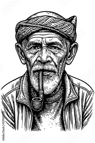 Black and White Tribal Elder Portrait – Hand-Drawn Illustration with Pipe