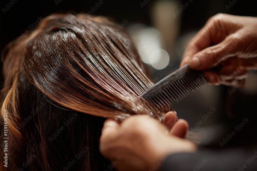 Fototapeta premium A hairdresser combing wet hair of a customer in a salon.