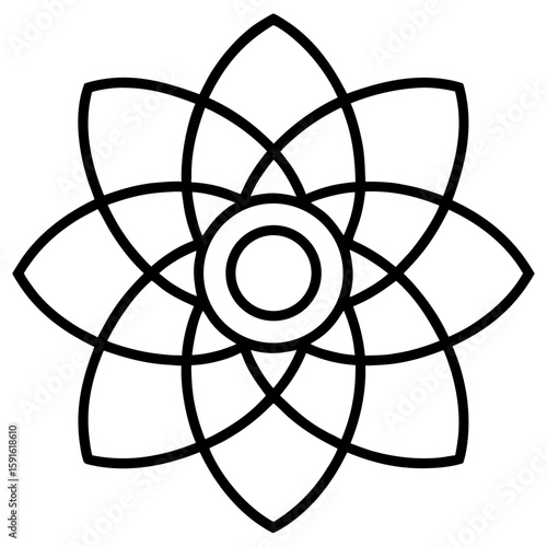A minimalist silhouette of a mandala design features thin line art and simple concentric circles in elegant black for spiritual and decorative applications.