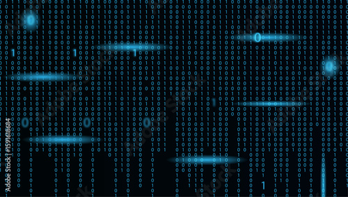  Technology binary blue code on black background, digital binary data and secure data concept