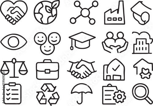 Collection of black outline icons on white background