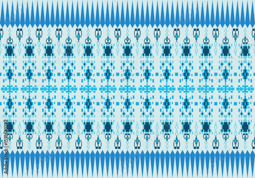 seamless pixel pattern features a vivid light blue palette with symmetric geometric motifs. Traditional Thai textile influence blends with digital pixel art, creating a modern cultural aesthetic.
