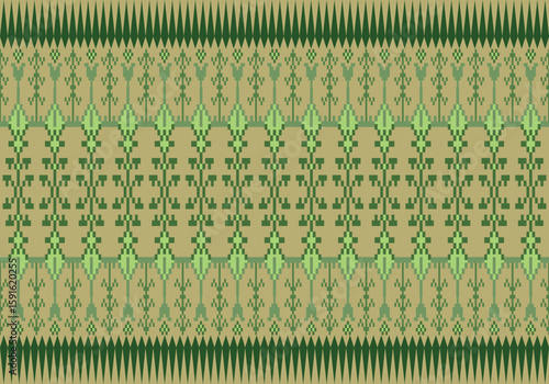 seamless pixel pattern features a vivid green palette with symmetric geometric motifs. Traditional Thai textile influence blends with digital pixel art, creating a modern cultural aesthetic.