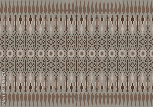 seamless pixel pattern features a vivid brown palette with symmetric geometric motifs. Traditional Thai textile influence blends with digital pixel art, creating a modern cultural aesthetic.