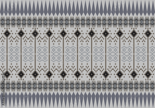 seamless pixel pattern features a vivid grey palette with symmetric geometric motifs. Traditional Thai textile influence blends with digital pixel art, creating a modern cultural aesthetic.