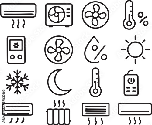 H V A C icons set air conditioning heating and climate control