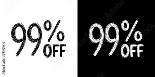 Hand-drawn isolated vector image of 99% off, pencil drawing, two design variants - on transparent and black background, chalk inscription

