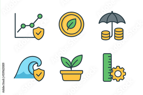 Graphical representation of sustainability concepts including growth, protection, and measurement in a modern design