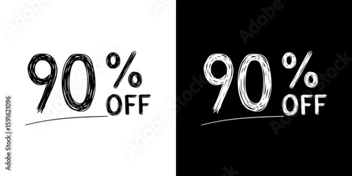 90% off sale announcement, pencil drawing, isolated vector image, two design variants - on transparent and black background, chalk inscription
