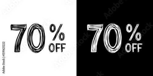 70% OFF sale promotion, pencil drawing, isolated vector image, two design variants - on transparent and black background, chalk inscription
