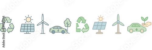 Icons representing renewable energy sources and sustainability practices for environmental awareness