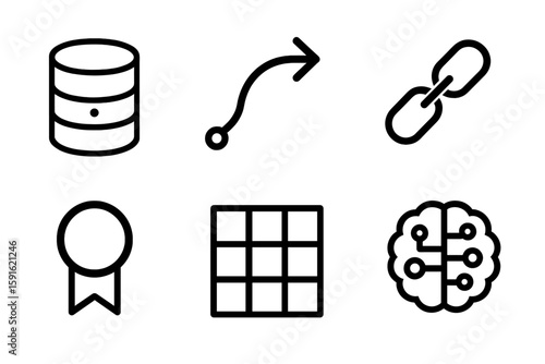 Visual representation of various concepts in technology and data management including databases, algorithms, and machine learning