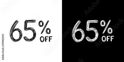 Discount offer with 65% off , pencil drawing, isolated vector image, two design variants - on transparent and black background, chalk inscription
