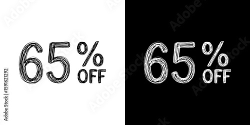 Discount label with 65% off, pencil drawing, isolated vector image, two design variants - on transparent and black background, chalk inscription
