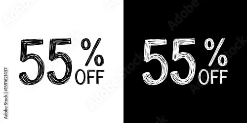 Discount label with 55% off, pencil drawing, isolated vector image, two design variants - on transparent and black background, chalk inscription
