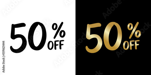 50% off discount offe, line inscription, isolated vector image, two design variants - on transparent and black backgrounds
