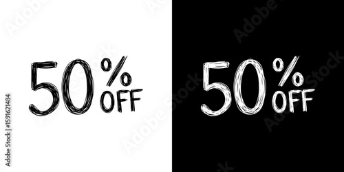 "50% off" text, pencil drawing, isolated vector image, two design variants - on transparent and black background, chalk inscription
