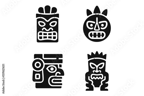 Ancient tribal masks representing indigenous cultures and their art style displayed on a light background