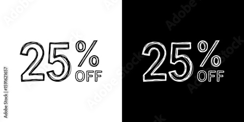 Discount label with 25% off, pencil drawing, isolated vector image, two design variants - on transparent and black background, chalk inscription
