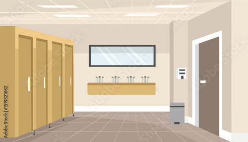 Mall toilet interior. Public toilet. Restroom area. Washbasin. Lavatory room.